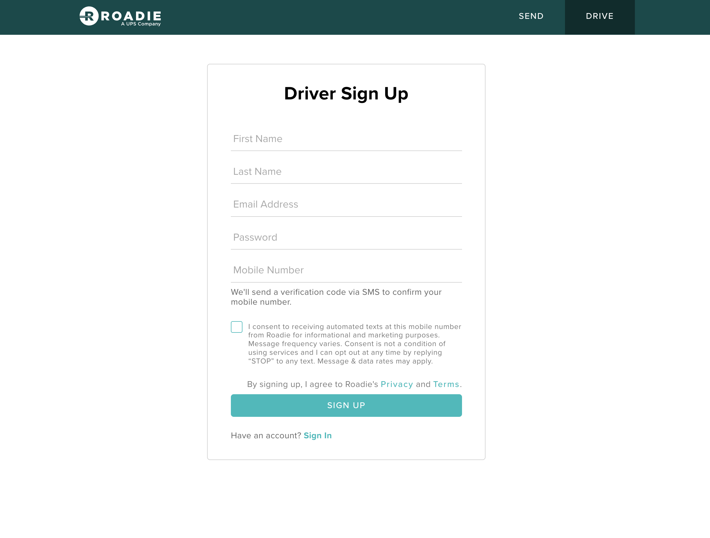 roadie driver sign up