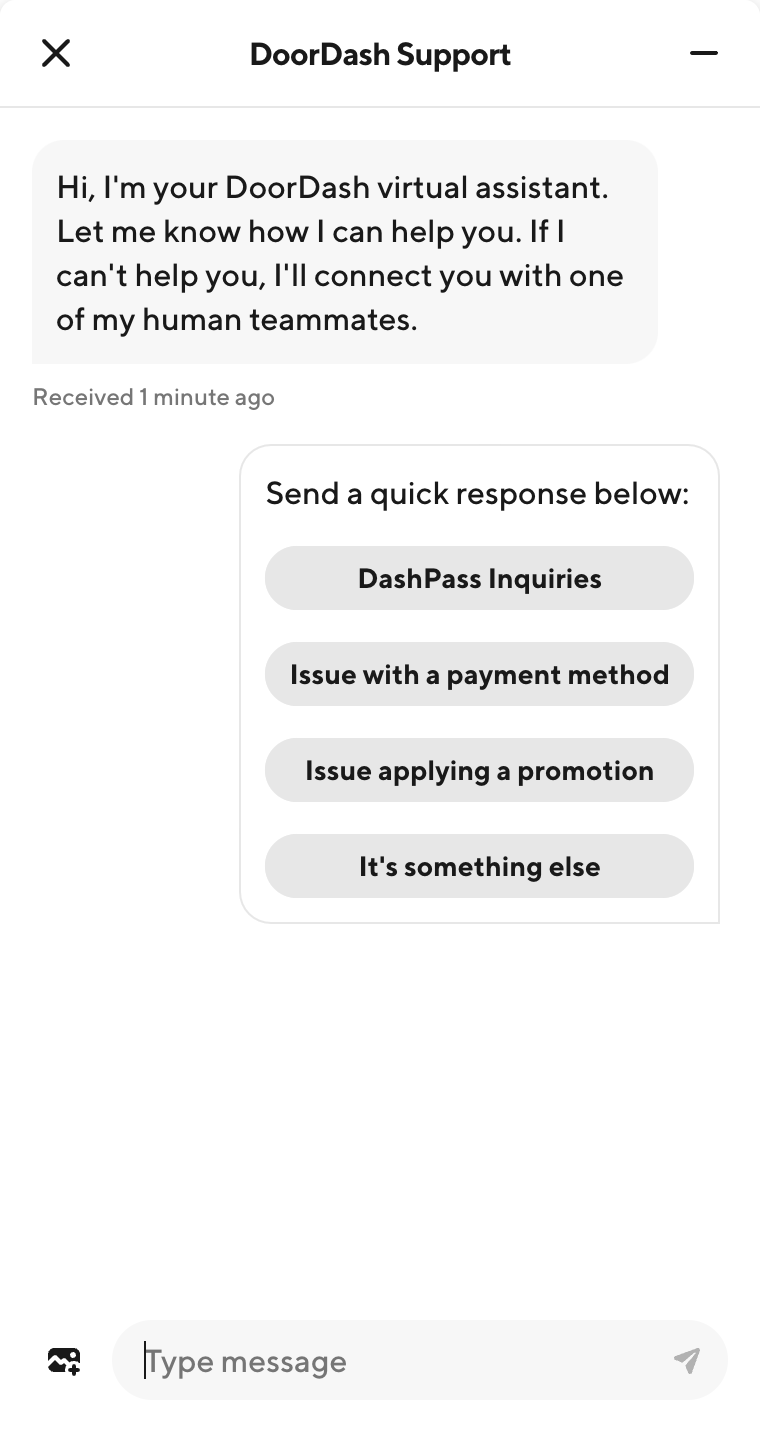 doordash customer service chat screen with virtual assistant