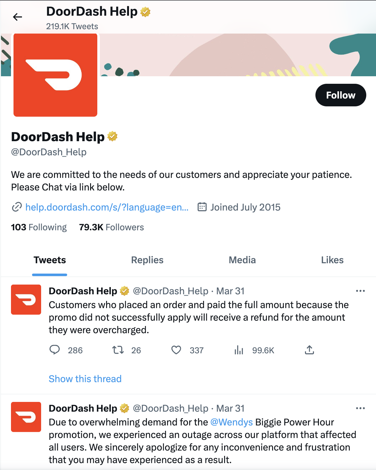 Doordash help official twitter x.com account 