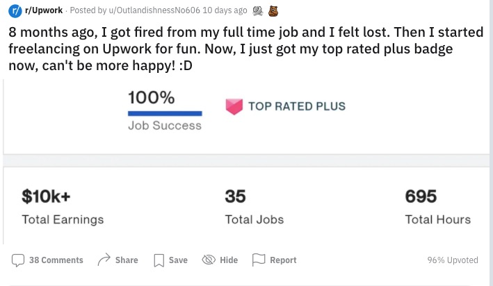 Upwork helped this freelancer after they lost their job.