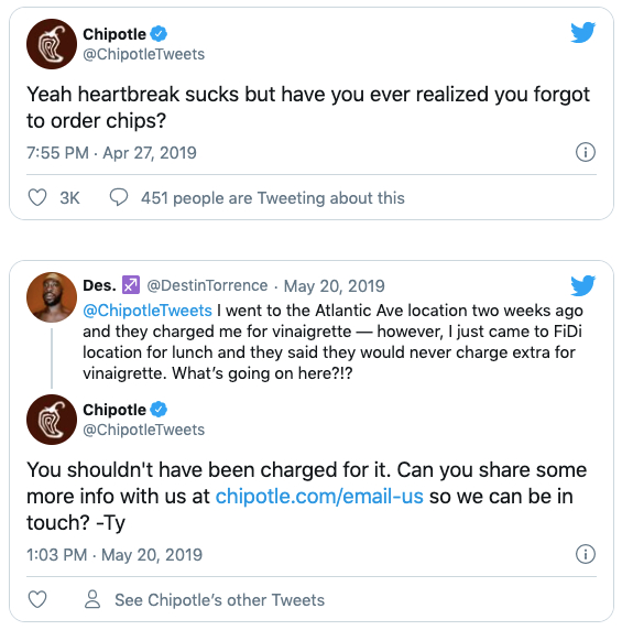 Chipotle responding to complaint on Twitter