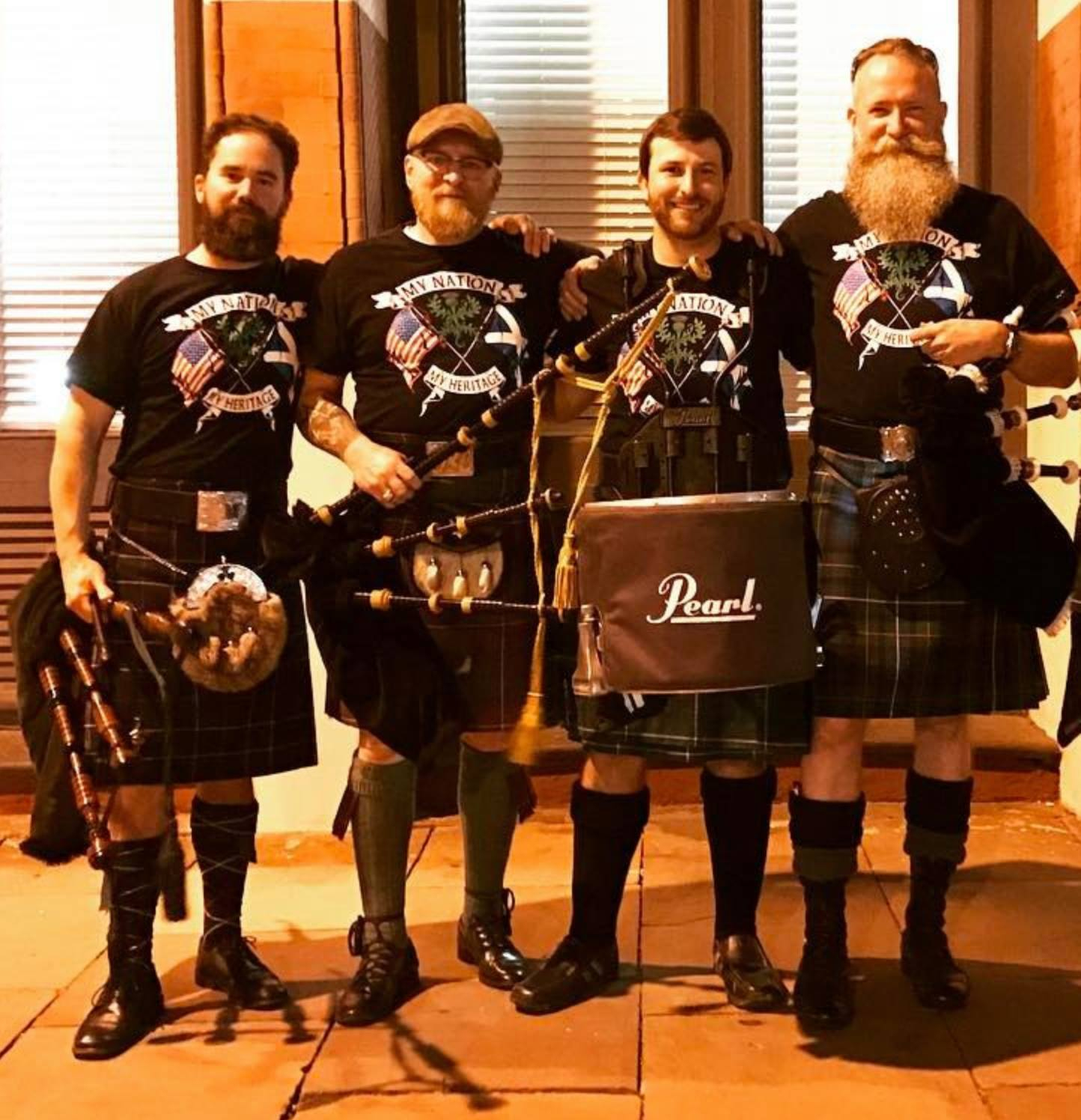 Bobby Hoyt playing drums in a kilt on St. Patrick’s Day