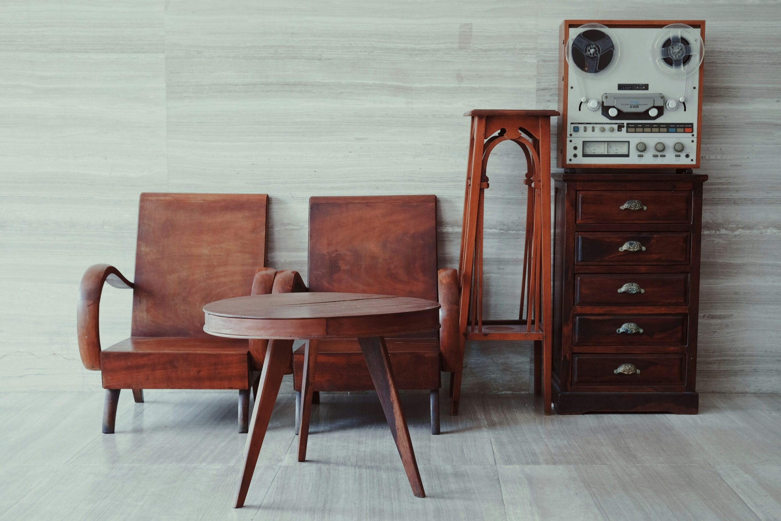 Vintage brow wooden chairs, table, and drawer set