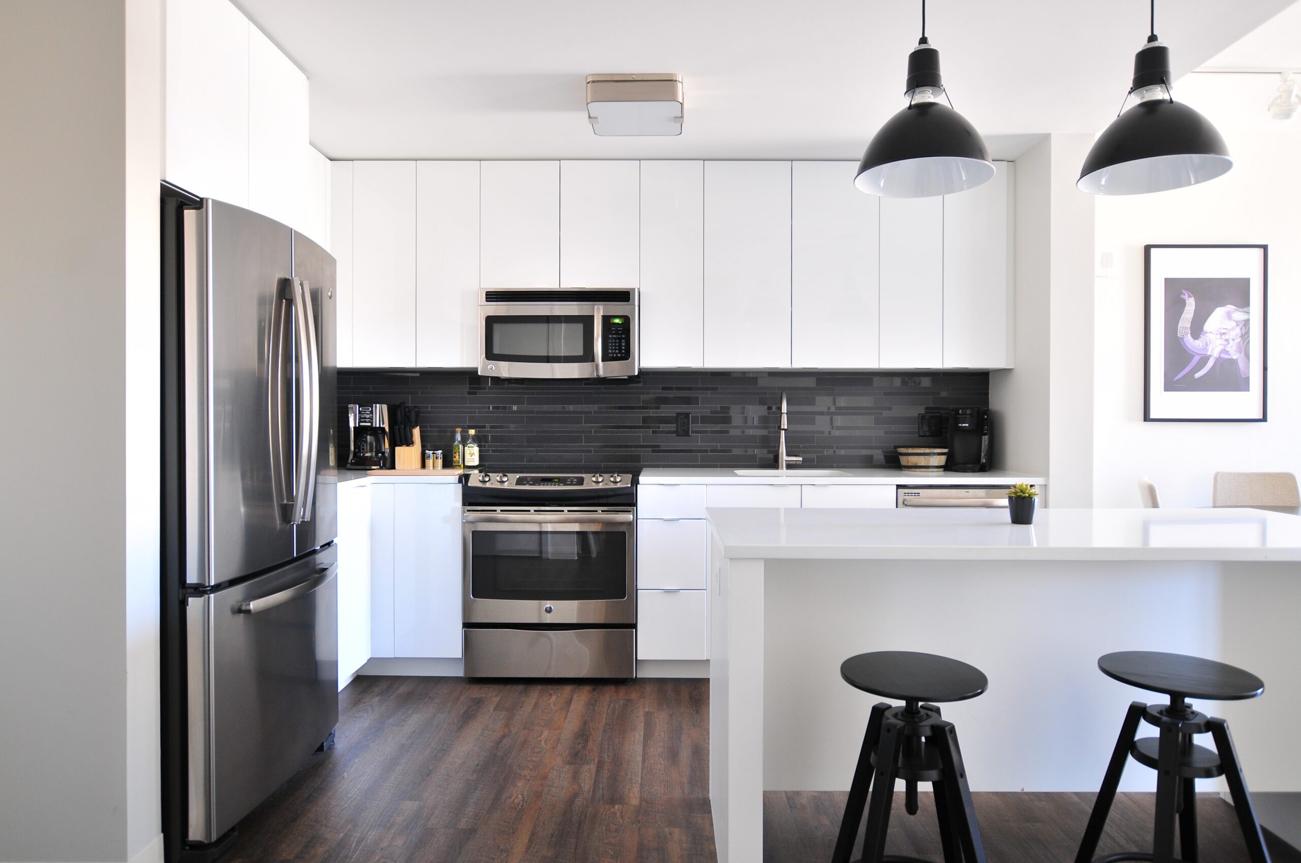 White kitchen with modern appliances and dark wood floors